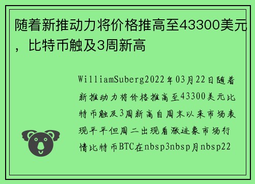 随着新推动力将价格推高至43300美元，比特币触及3周新高 